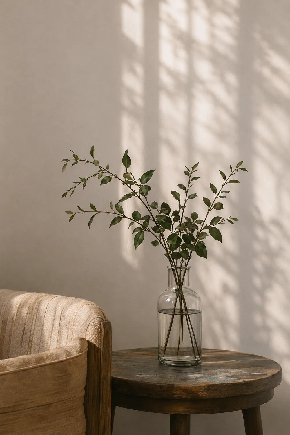 Olive branches in a glass vase casting soft shadows in a quiet room